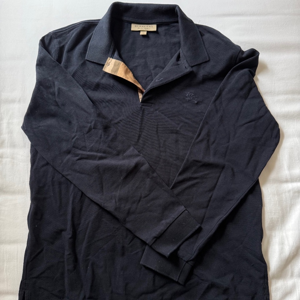 Burberry Navy Long Sleeve Polo with Tan Plaid Trim